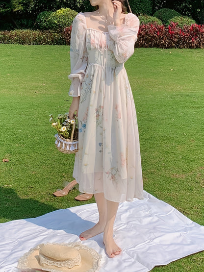 Elegant Floral Chiffon Midi Dress with Bell Sleeves - Square Neck, Long Sleeve, Lightweight, All-Season Wear for Women, Long Sleeve Dress