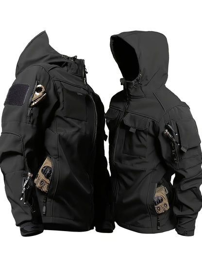Men's Outdoor Zip Up Softshell Jacket With Pockets, Waterproof, Scratch Resistant And Warm Hooded Jacket For Outdoors