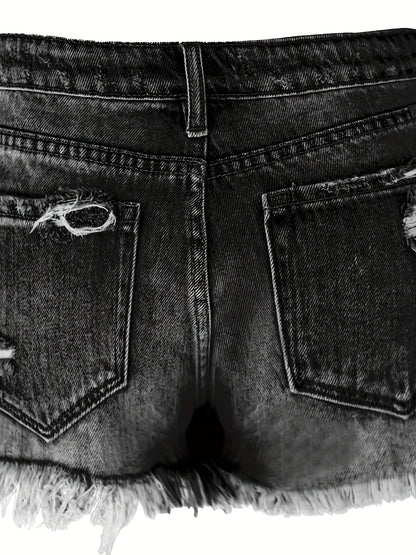 Ladies, Summer Mid-Waist Ripped Stretch Jeans, Shorts, Frayed Burrs, Burrs Hem, Casual Straight-Breasted Denim Shorts